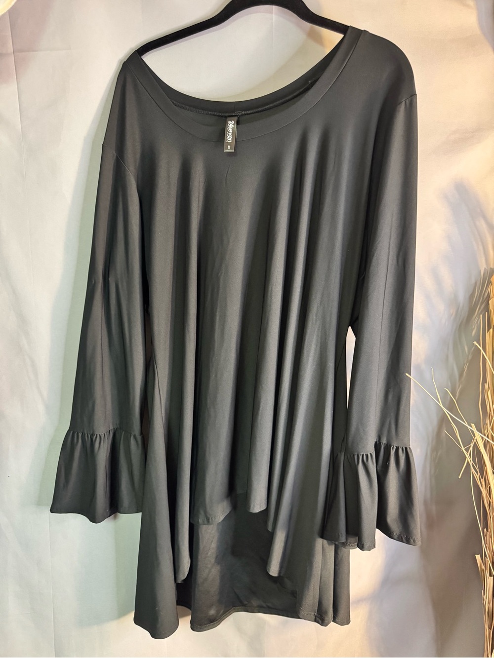 Relaxed Black Ruffle-Sleeve Tunic Top by 24Seven